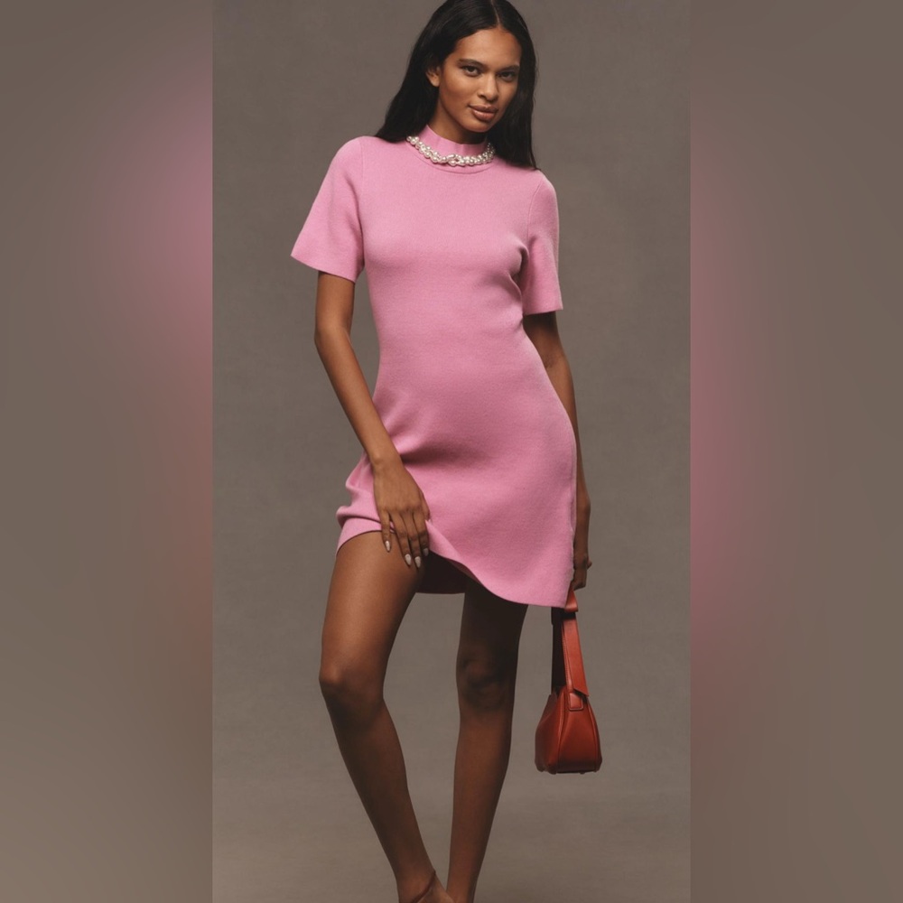 Anthropologie Nina Short-Sleeve Mock-Neck Mod Mini Dress - Pink - Small